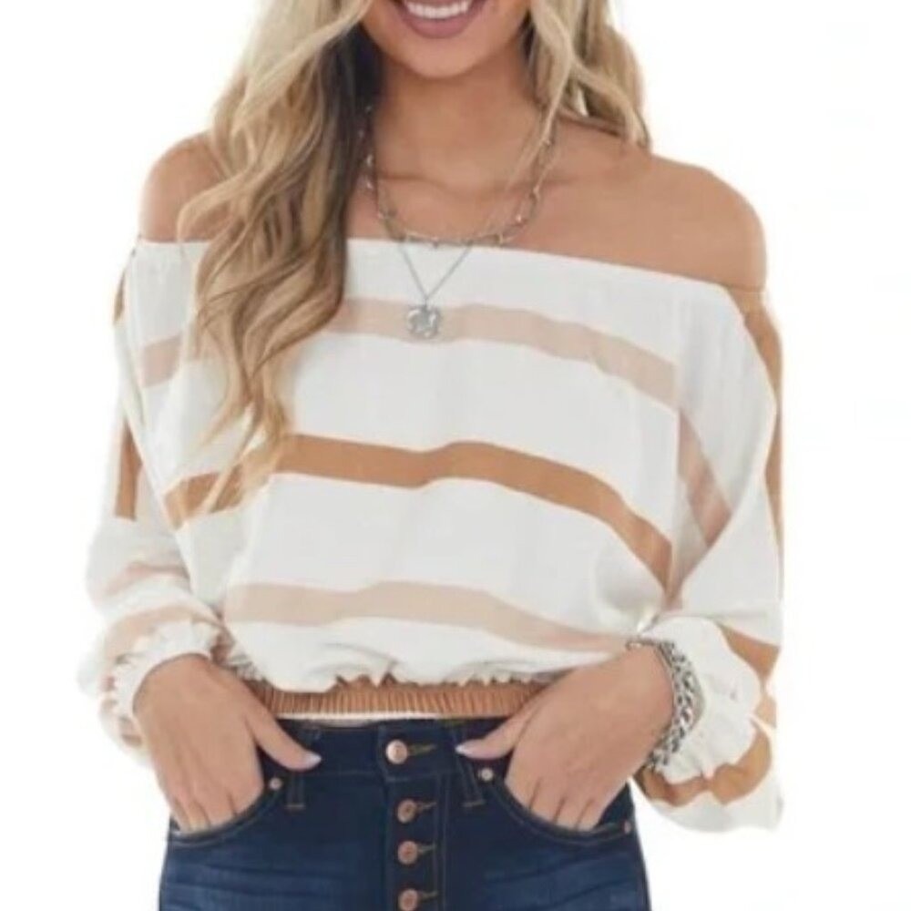 FANTASTIC‎ FAWN Medium Brown Cream Striped Blouson Crop Top Made in USA Feminine
